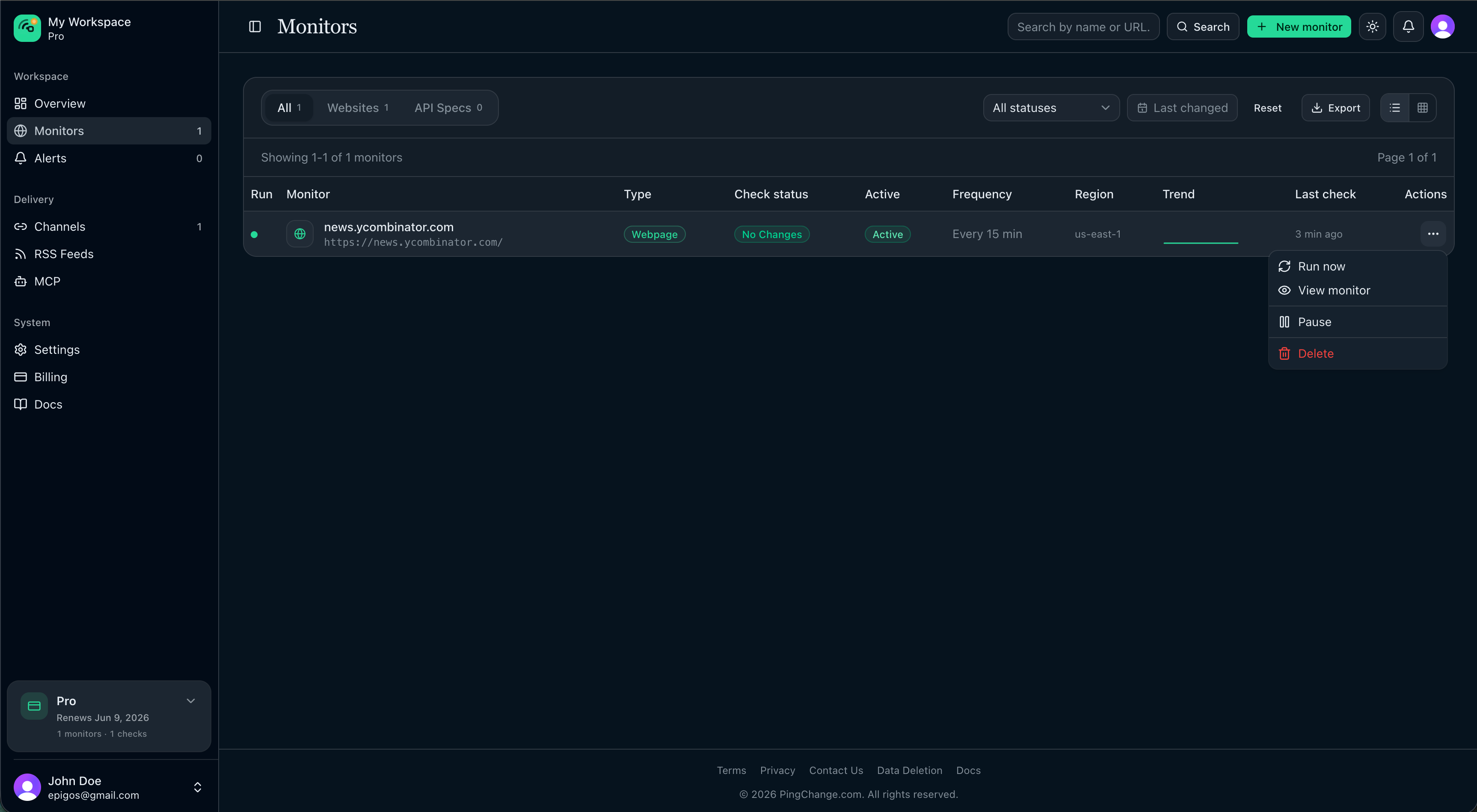 Monitor row actions menu