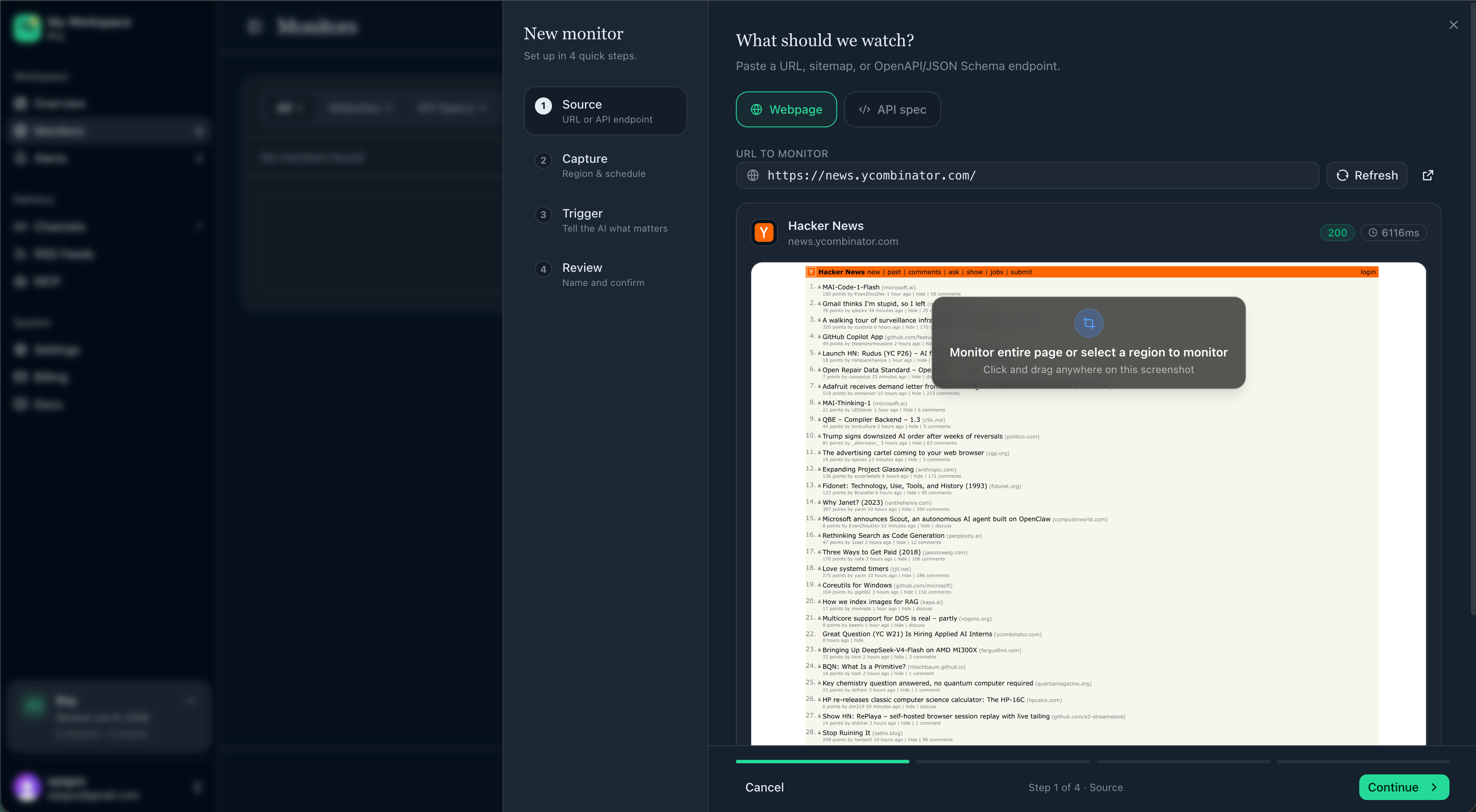 URL, type selection, and Preview for the monitor