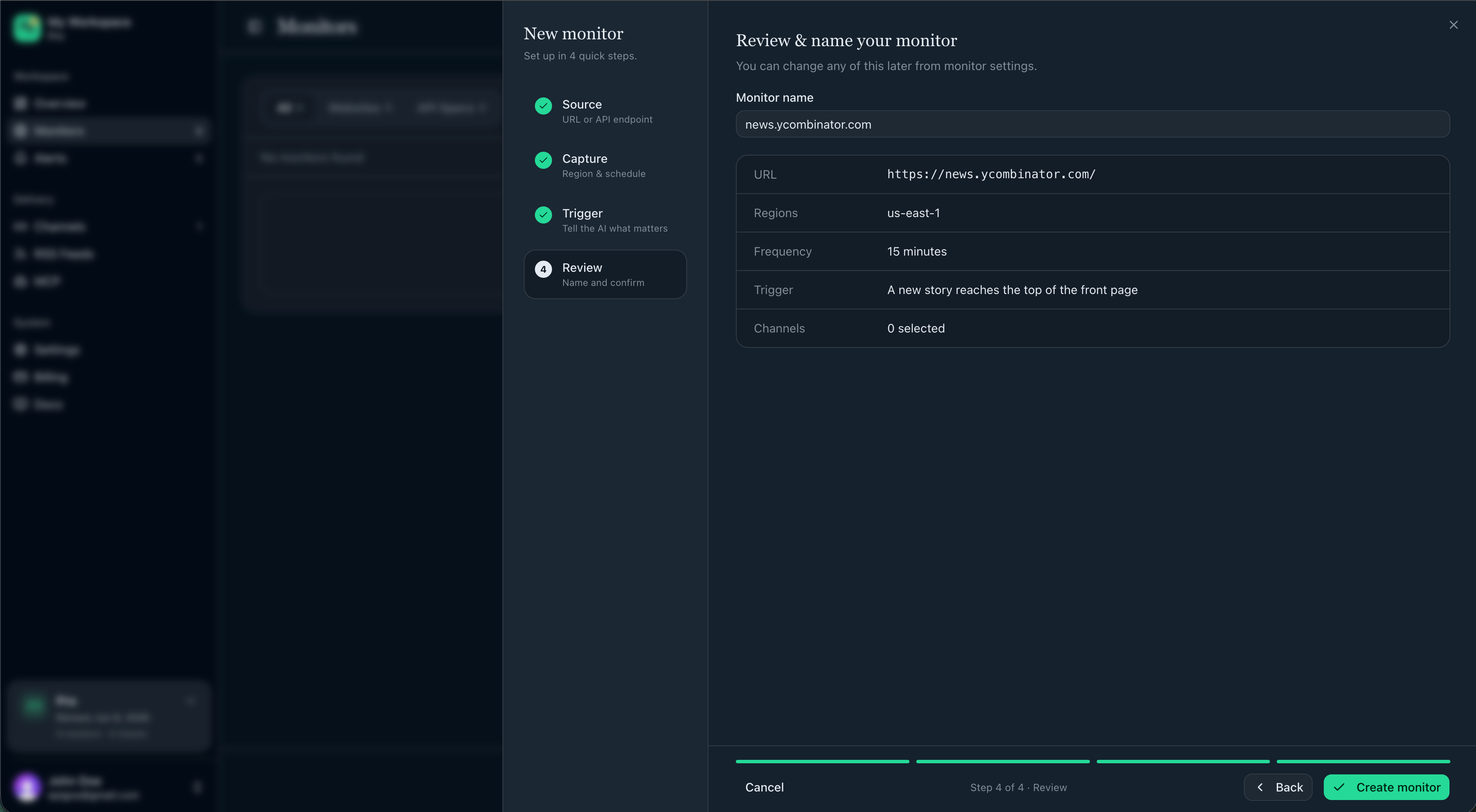 Review step with monitor name and summary