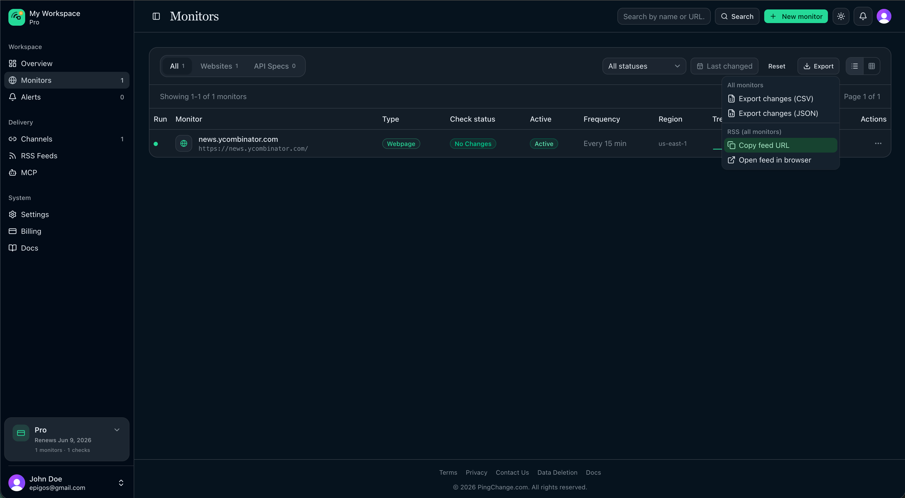 Copy workspace RSS URL from Export menu